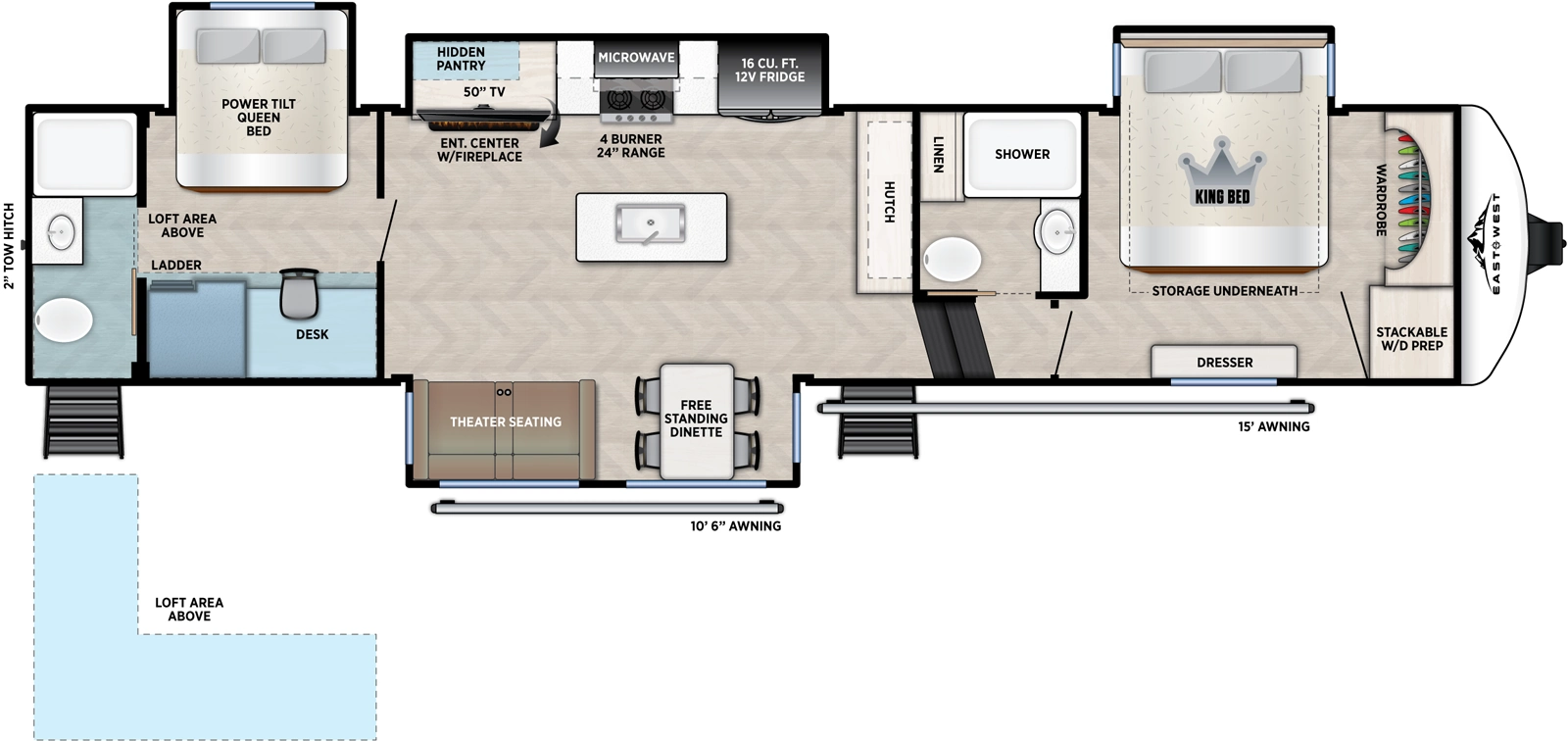 The Blackthorn 3820DSL floorplan has two entries and four slide outs. Exterior features include: fiberglass exterior and 10'6" & 15' awning. Interiors features include: loft, kitchen island, free-standing dinette option, front bedroom, rear bathroom and two full bathrooms.